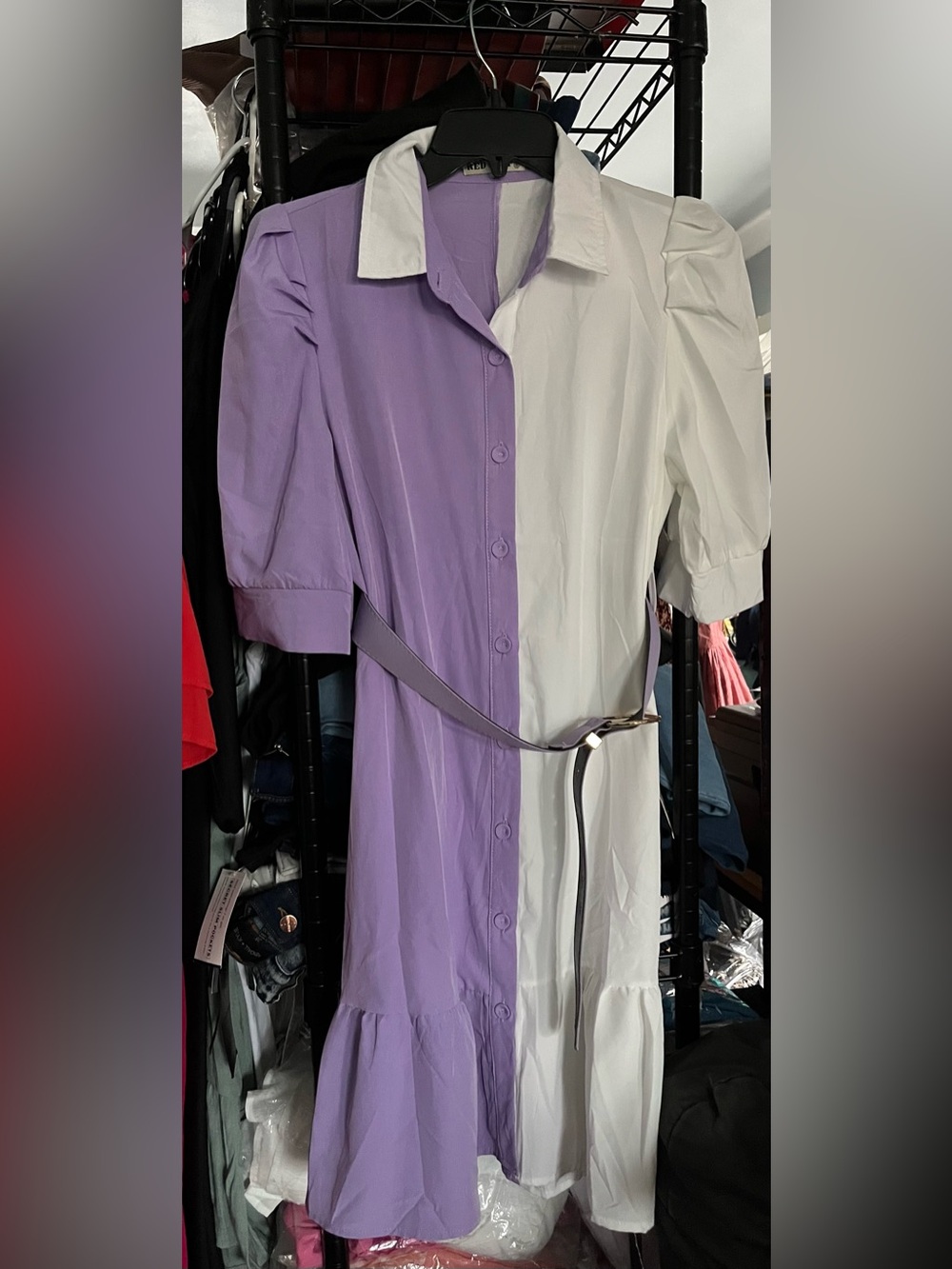 Two-Tone Lavender and White Midi Shirt Dress with Waist Tie